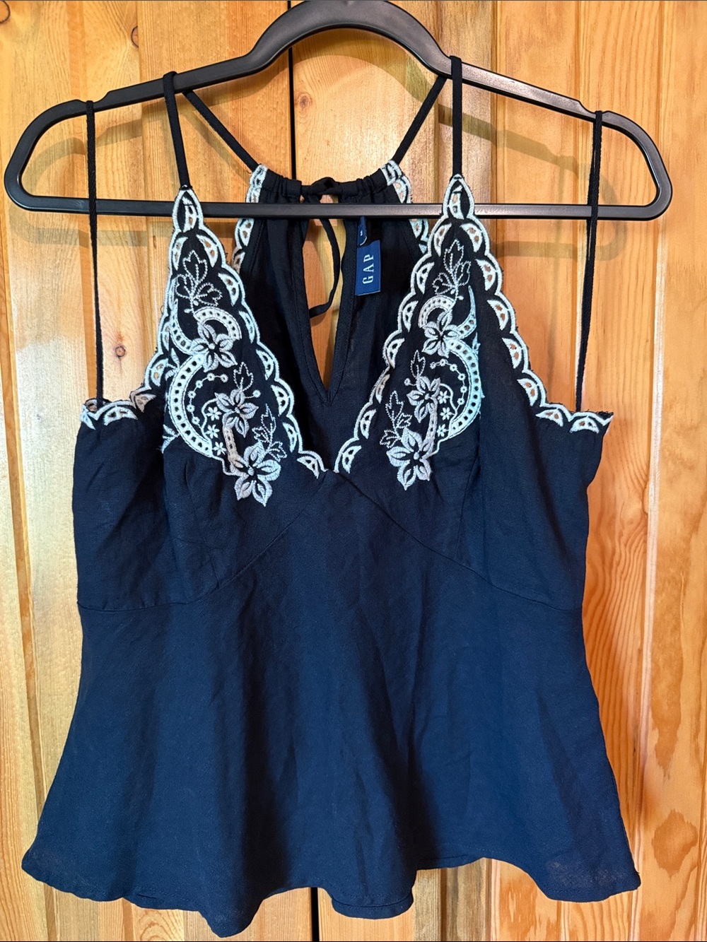 GAP Linen Blend Black Halter Cami with Cream Floral Scallop Embroidery